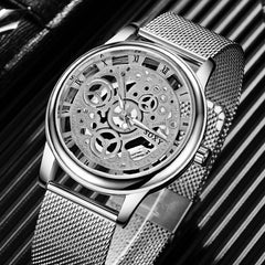Mens Fashion Hollow Watches Men Business Watch Male Stainless Steel Mesh Belt Skeleton Quartz Wrist Watch Relogio Masculino