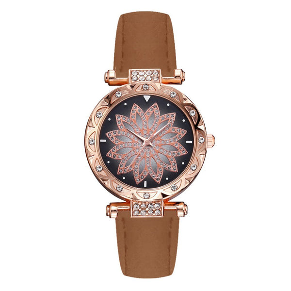 Fashion Women Watches Luxury Rose Gold Flower Rhinestone Ladies Wrist Watches Female Quartz Soild Color Leather Relogio Feminino