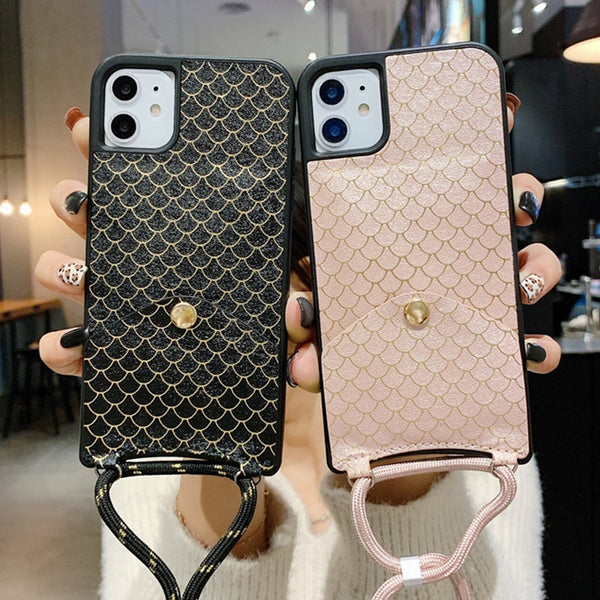 Fish-scale pattern Card slot Phone Case For iphone 11Pro Max X XR XS Max 7 8 6 6sPlus Leather Shockproof Back Cover With Lanyard