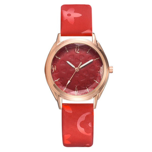 New Fashion Watches Women Gold Frame Dial Ladies Casual Quartz Wristwatch Solid Color Flower Leather Strap Clock Reloj Mujer @50