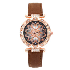 Women Watches Lucky Flower Watches Luxury Ladies Rhinestone Quartz Watch Starry Sky Leather Belt Clock Gift Relogio Feminino@50