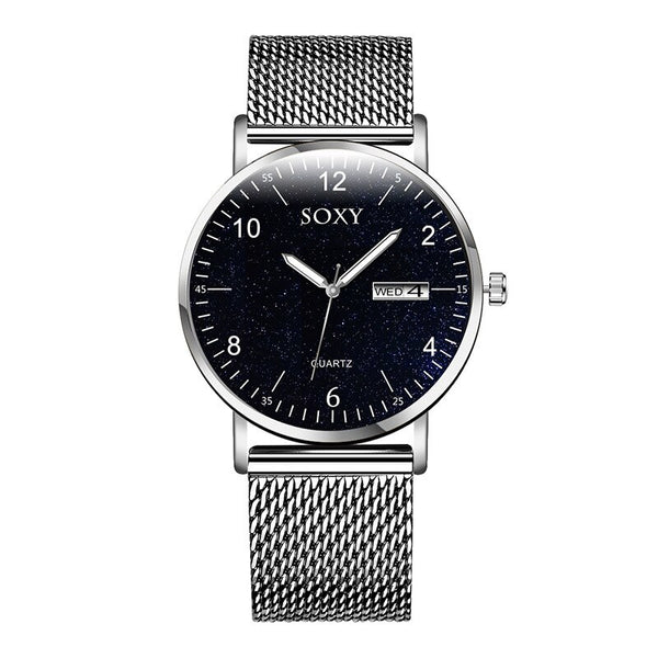SOXY To Brand Luxury Men's Watch Quartz Steel Mesh Strap Date Luminous Star Sky Dial Clock Zegarek Meski Wristwatch 2019