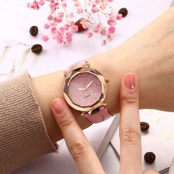 Fashion Starry Sky Watches For Women Crystal Analog Quartz Wristwatches Ladies Sports Clock Dial Leather Strap Zegarki Damskie*X