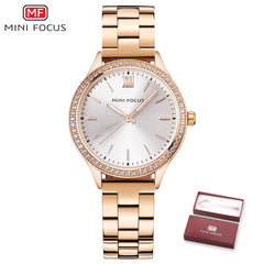 MINIFOCUS Fashion Rhinestone Women Watches Top Brand Luxury Stainless Steel Watch Women Rose Gold Quartz Girls Watches Womans