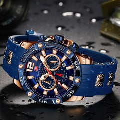 MINIFOCUS Big Dial Blue Black Gold Chronograph Watch Men Sport Watches Mens 2019 Silicone Band Military Quartz Watches Men Clock