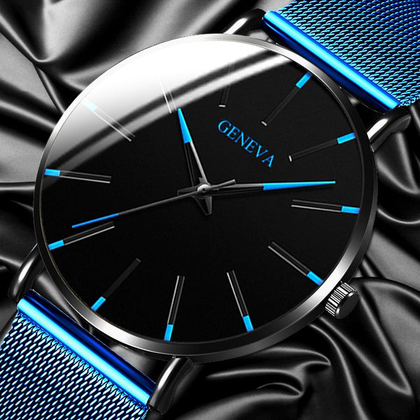 2020 Geneva Minimalist Watch Men Ultra Thin Blue Stainless Steel Mesh Belt Watches Man Business Casual Quartz Wrist Watch