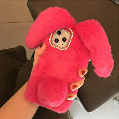 3D Rabbit Ears Furry Plush Warm Phone Case for iPhone 11 11Pro XR X XS Max 8 7 6 6s Case fluffy Fur Cover for iPhone 11 Pro Max