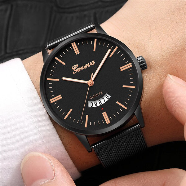 Men's Watch Mesh with Metallic Large Dial Military Quartz Sport Watch Elegant Men's Watch Calendar Relogio Masculino