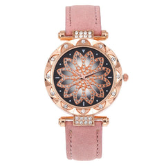 Women Watches Lucky Flower Watches Luxury Ladies Rhinestone Quartz Watch Starry Sky Leather Belt Clock Gift Relogio Feminino@50