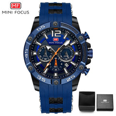 MINIFOCUS Big Dial Blue Black Gold Chronograph Watch Men Sport Watches Mens 2019 Silicone Band Military Quartz Watches Men Clock