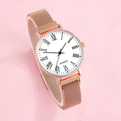 Women Watches Simple Stainless Steel Strap Magnetic Buckle Casual Mesh Watches Quartz Clock Rose Gold Bracelet Wrist Watch*M