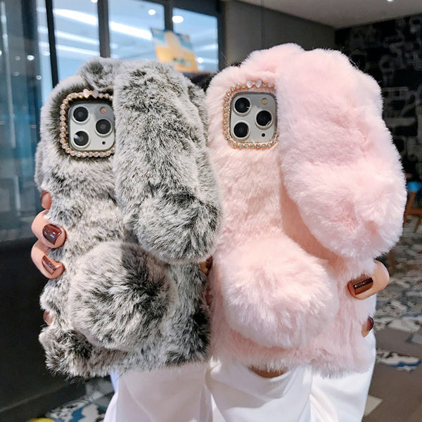 3D Rabbit Ears Furry Plush Warm Phone Case for iPhone 11 11Pro XR X XS Max 8 7 6 6s Case fluffy Fur Cover for iPhone 11 Pro Max