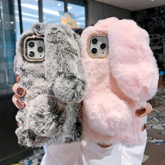 3D Rabbit Ears Furry Plush Warm Phone Case for iPhone 11 11Pro XR X XS Max 8 7 6 6s Case fluffy Fur Cover for iPhone 11 Pro Max