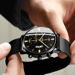 2020 Men's Fashion Business Calendar Watches Luxury Blue Stainless Steel Mesh Belt Analog Quartz Watch relogio masculino
